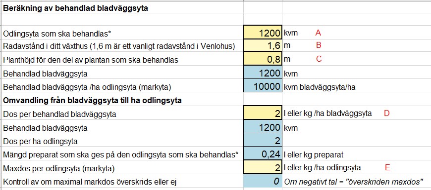 Skärmklipp från en beräkning i Excel
