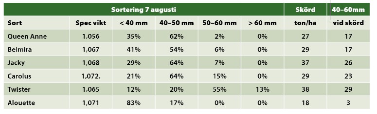 Tabell som visar resultat av provodling.