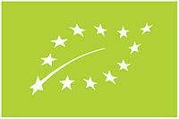 EU-logotyp för certifierade ekologiska produkter. Vita stjärnor på grön bakgrund formar konturerna av ett löv