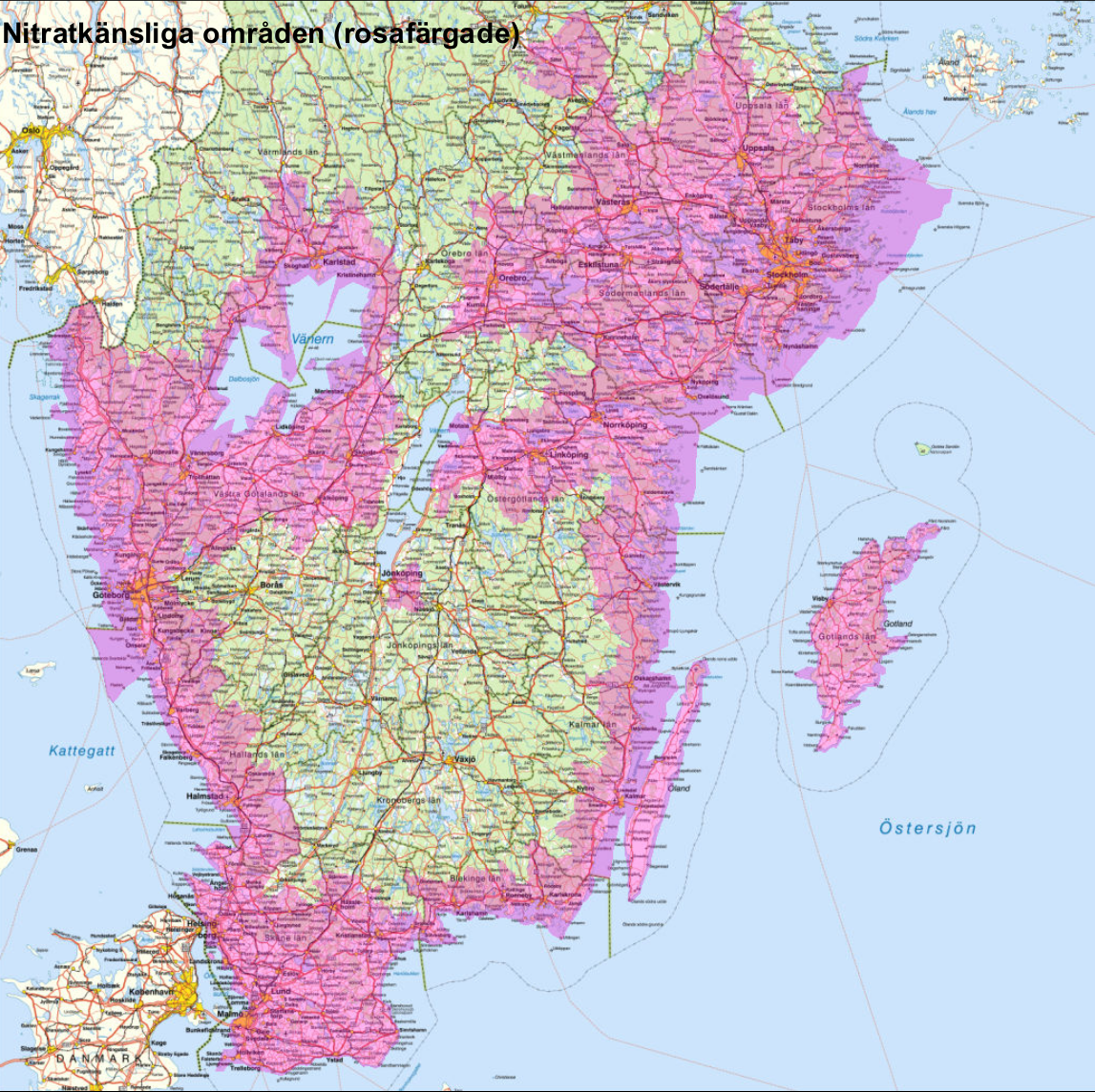 Karta över nitratkänsliga områden, markerade med rosa färg. Runt Vänern, hela västkusten, Skåne, Blekinge, Öland, Gotland, delar av Östergötland, Södermanland Uppland och nordvästra Småland.