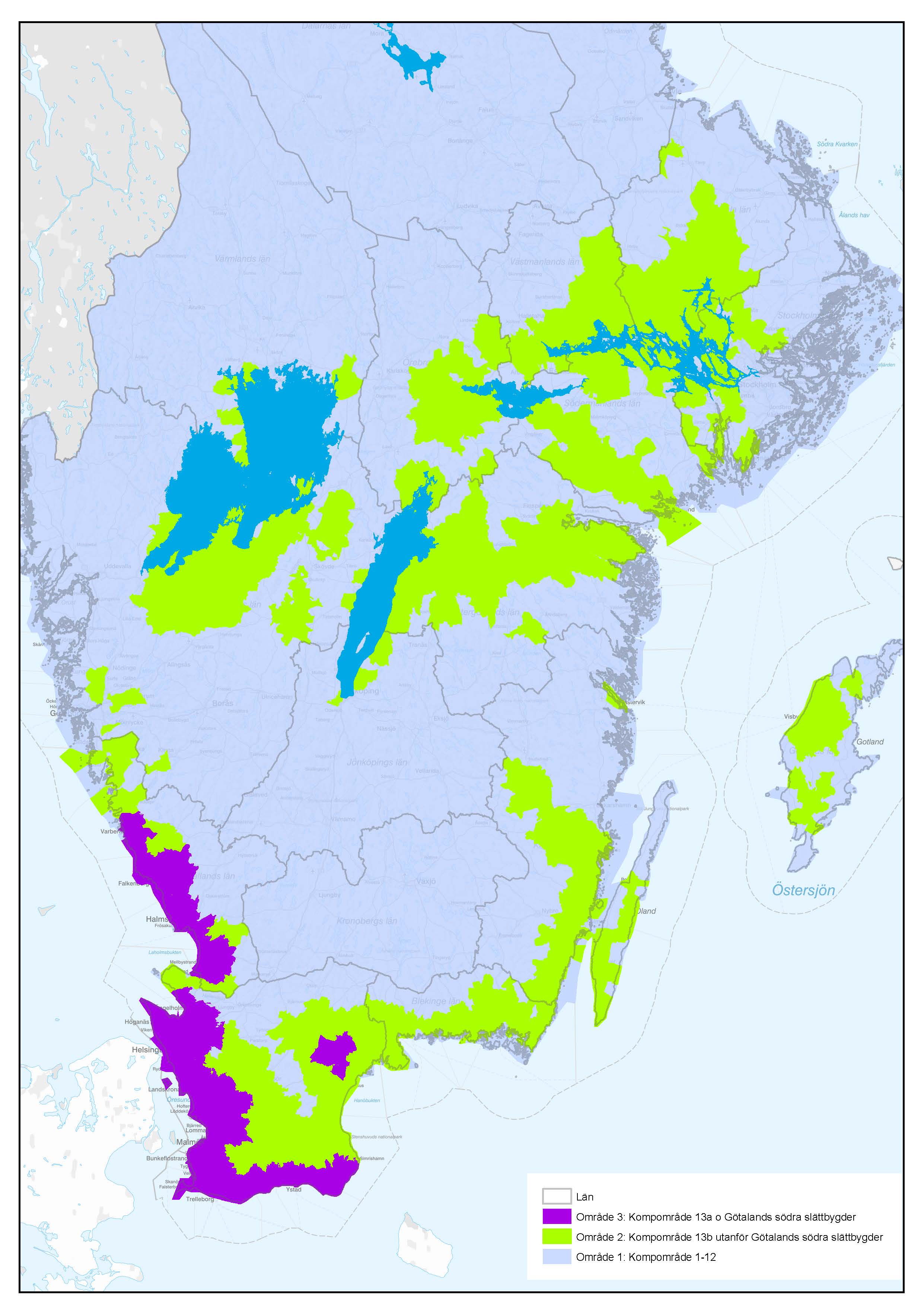 En kartbild över södra Sverige. Delar av Skåne och Halland är markerade med lila färg. Områden runt östkusten, västkusten, och de störa sjöarna samt delar av Öland och Gotland är markerade med grön färg.