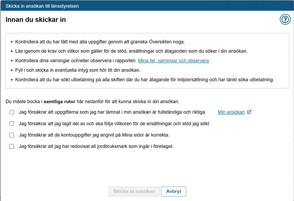 Bild som visar dialogen för innan man skickar in ansökan i SAM Internet 