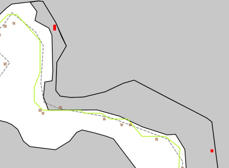 Bild som visar en karta med prickar och linjer i olika färger, som visar risk för erosion.