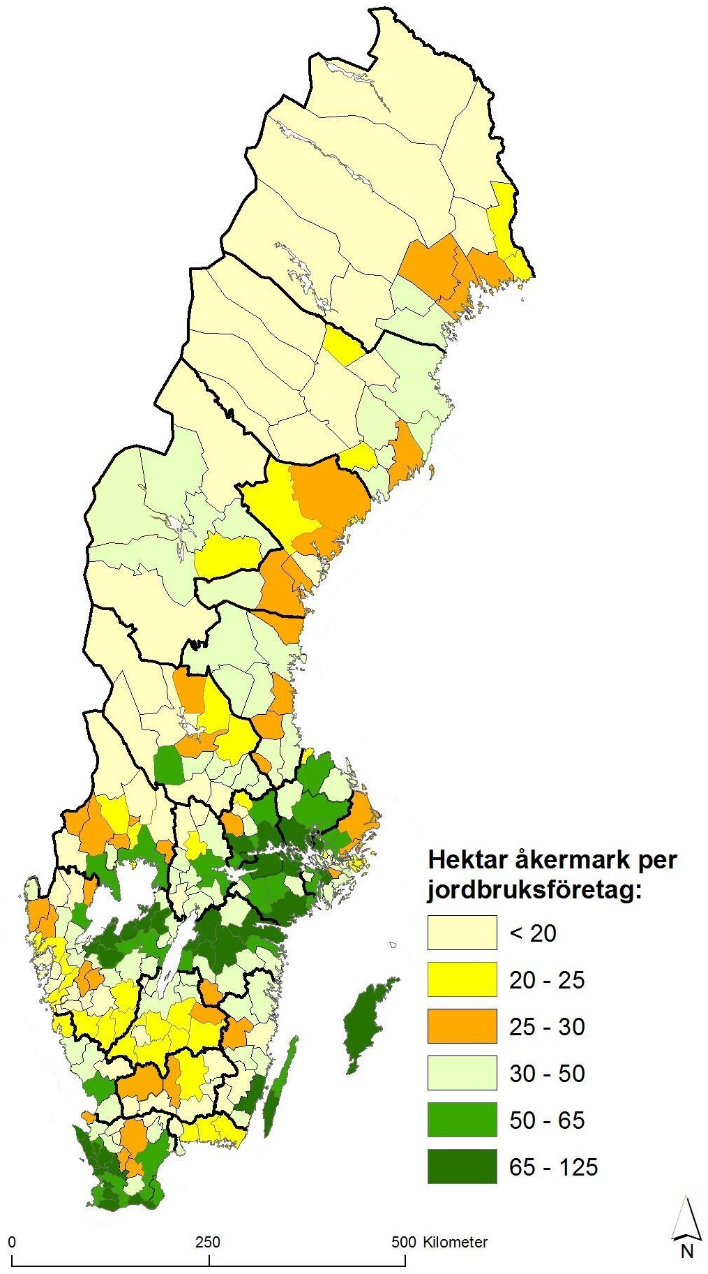 Karta B. Genomsnittligt antal hektar åkermark per jordbruksföretag i  respektive kommun 2020