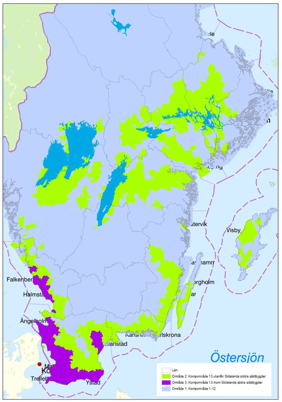 En kartbild över södra Sverige. Delar av Skåne och Halland är markerade med lila färg. Områden runt östkusten, västkusten, och de störa sjöarna samt delar av Öland och Gotland är markerade med grön färg.