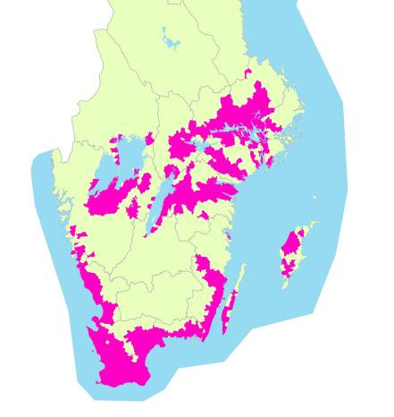 Karta över Sverige med stödområdena för vallodling markerade med rosa färg.
