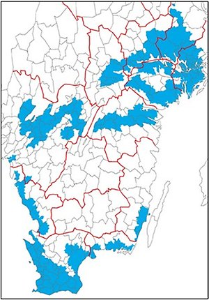 Karta som visar områden i slättbygderna i södra Sverige där grundvillkorselement finns.