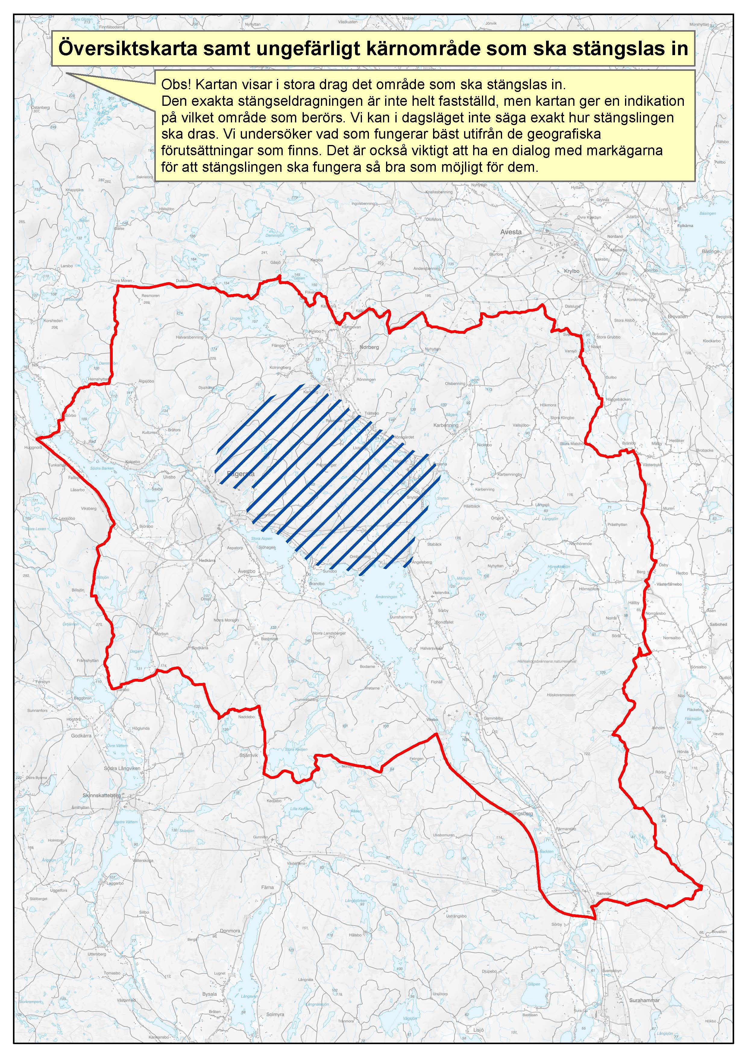 En karta med markeringar, en röd gräns och ett blått streckat område.