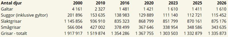 Tablå B. Antal grisar fördelat efter olika kategorier 2000, 2010, 2016, 2020, 2023, 2025 och 2026
