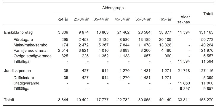 Tablå D. Antal sysselsatta fördelat på ålder och företagsform, 2023