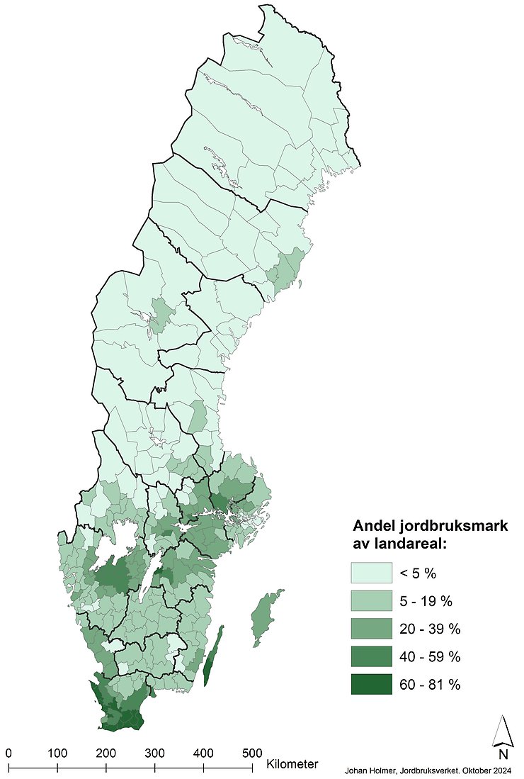 Karta A. Andel jordbruksmark av landarealen per kommun, 2024