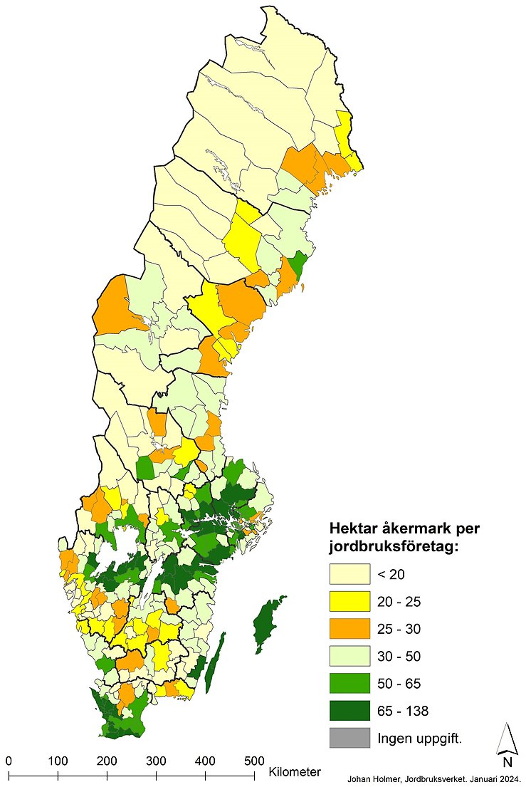 Karta B. Genomsnittligt antal hektar åkermark per jordbruksföretag i  respektive kommun 2024