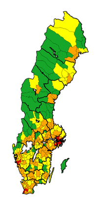 Kartbild över Sverige. Olika färger visar om en kommun definieras som gles landsbygd, landsbygd, stadsområde eller storstadsområde.