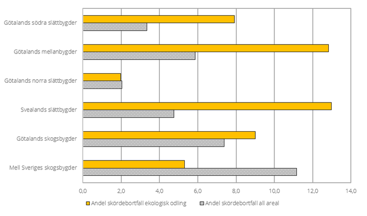 Figur G. Andel skördebortfall i raps och rybs 2023 orsakat av viltskador vid ekologisk odling jämfört med all areal, procent