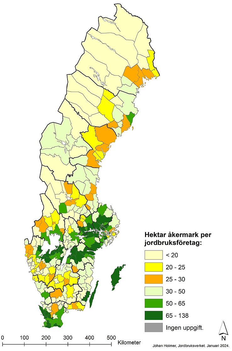 Karta B. Genomsnittligt antal hektar åkermark per jordbruksföretag i  respektive kommun 2023