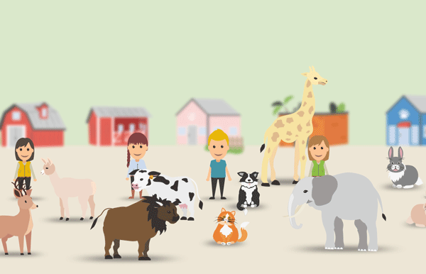 Illustration. Katt, hund, elefant, giraff, kanin, ren, lama, buffel tillsammans med människor. 