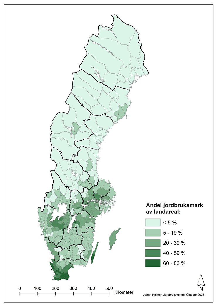 Karta A. Andel jordbruksmark av landarealen per kommun, 2025