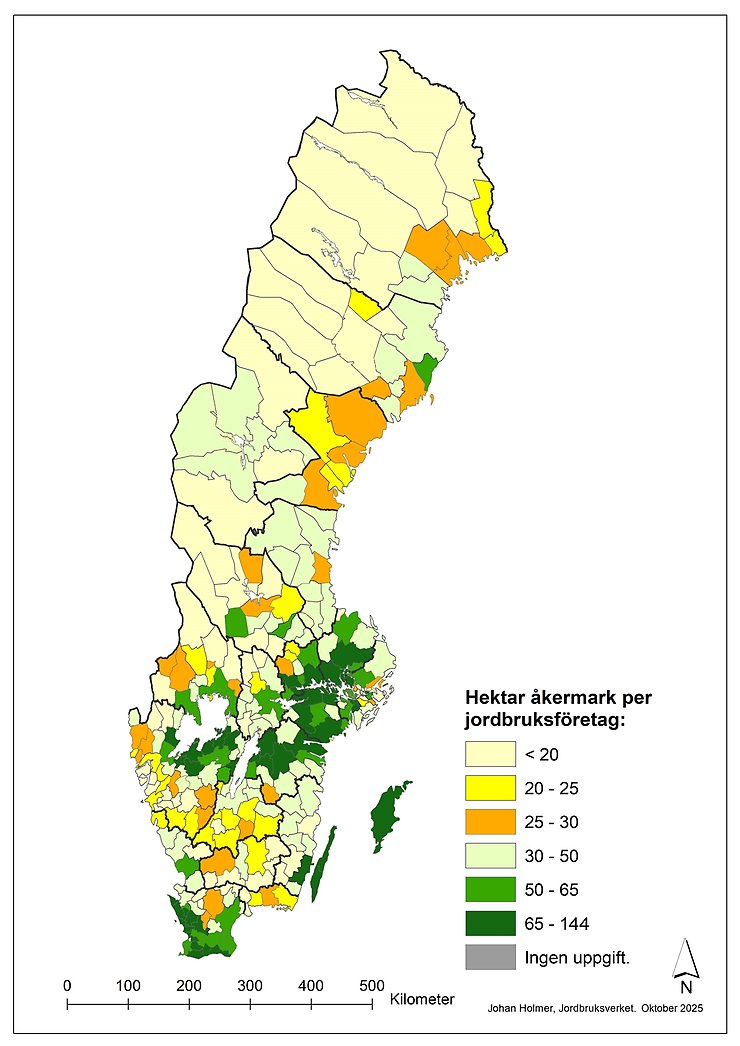 Karta B. Genomsnittligt antal hektar åkermark per jordbruksföretag i  respektive kommun 2025
