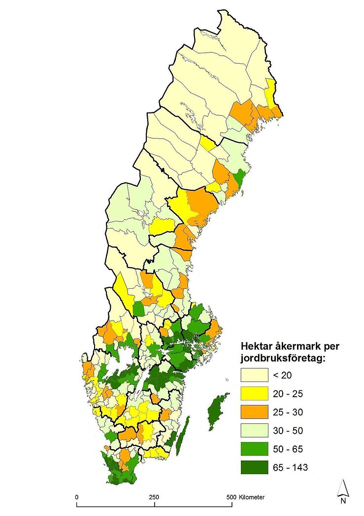 Karta B. Genomsnittligt antal hektar åkermark per jordbruksföretag i  respektive kommun 2021
