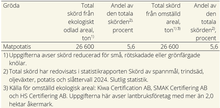 Tablå E. Total matpotatisskörd från arealer med ekologisk odling och total skörd från omställd ekologisk areal 2024