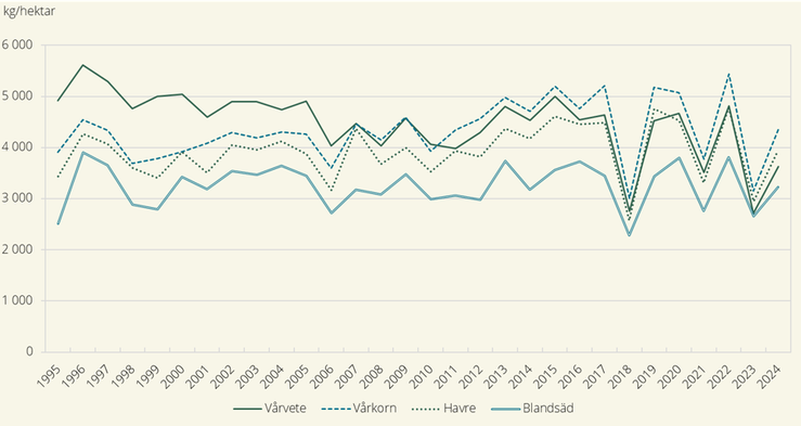 Hektarskördar av vårsådda spannmålsgrödor, år 1995–2024 