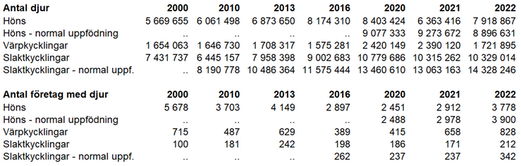 Tablå D. Antal fjäderfä fördelat på olika kategorier 2000, 2010, 2013, 2016, 2020, 2021, 2022 på samtliga företag