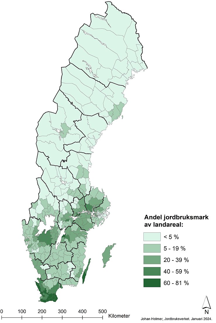 Karta A. Andel jordbruksmark av landarealen per kommun, 2023