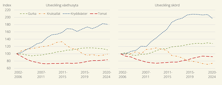 Figur A. Indexerad utveckling för växthusyta och skördar av växthusgrödor 2002-2024. Figuren bygger på femåriga rörliga medelvärden för att jämna ut enskilda årsvariationer och visa långsiktiga trender.