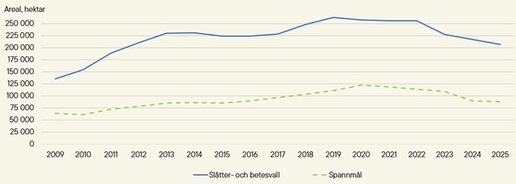 Figur E. Helt omställd areal spannmål samt slåtter- och betesvall i hektar, år 2009–2025