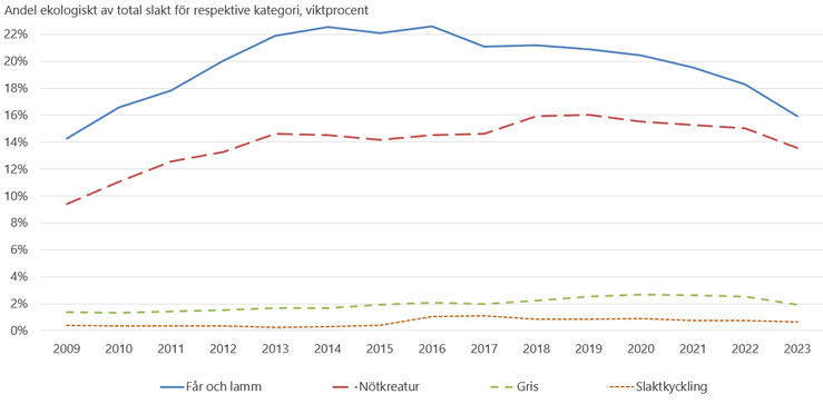 Figur C. Andel ekologiskt av total slakt 2009–2023, viktprocent