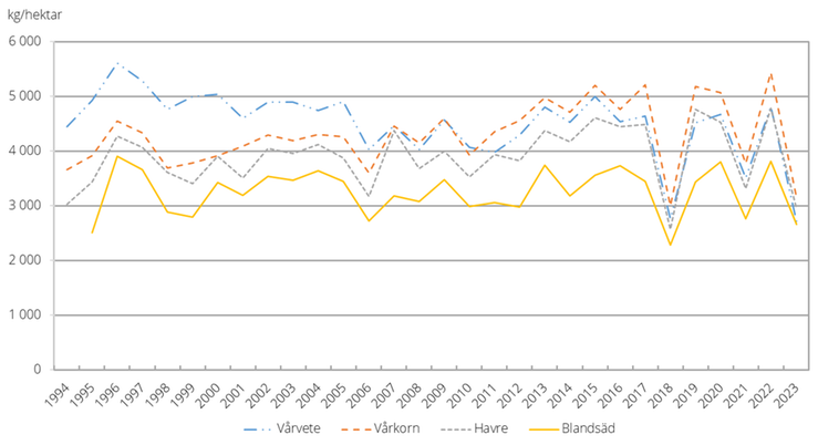 Hektarskördar av vårsådda spannmålsgrödor 1994–2023