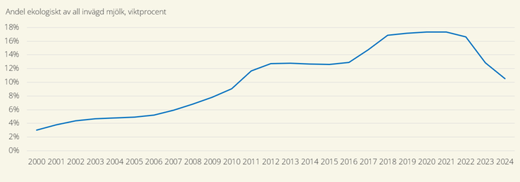 Figur A. Andel ekologisk mjölk av total mängd invägd mjölk 2000–2024, viktprocent.