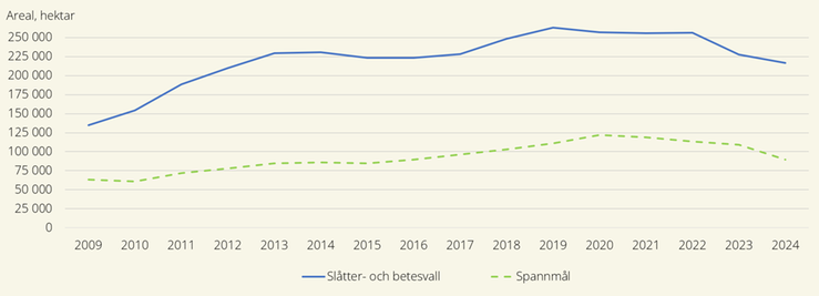 Figur E. Helt omställd areal spannmål samt slåtter- och betesvall i hektar, år 2009–2024.