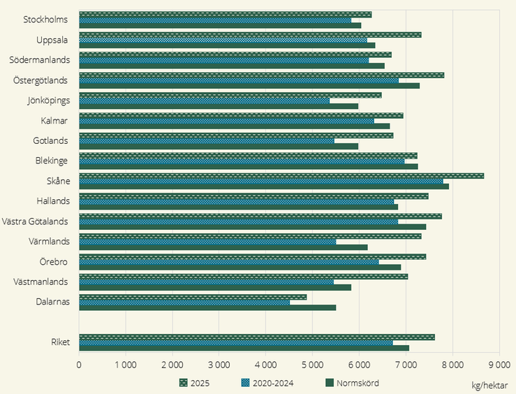 Figur A. Höstvete, preliminära hektarskördar 2025 på länsnivå. Jämförelse med genomsnitten för 2020–2024 och normskördarna, kg/hektar