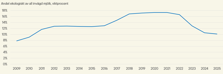 Figur A. Andel ekologisk mjölk av total mängd invägd mjölk 2009–2025, viktprocent