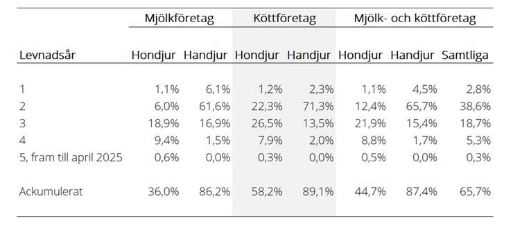 Tablå som visar andel slaktade av antal födda nötkreatur år 2021 per levnadsår efter kön och födelsebesättningens produktionsinriktning