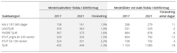 Tablå som visar medelslaktvikter och medelålder i dagar vid slakt för handjur födda i köttföretag år 2017 och 2021, fördelade på slaktkategori