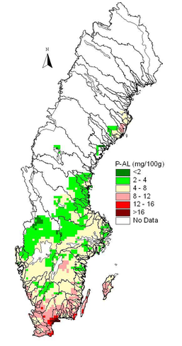 Kartan visar fosforhalten i matjorden i Sverige.