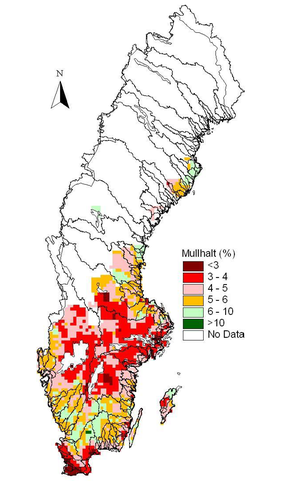 Kartan visar mullhalten i matjorden i Sverige.