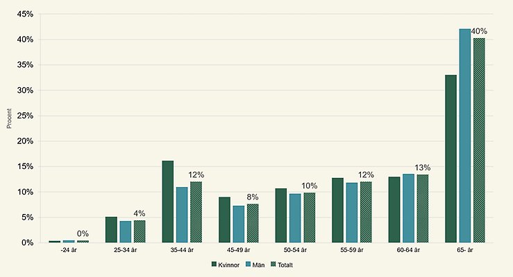 Figur innehållande åldersfördelningen för företagare med enskild firma efter kön för år 2025