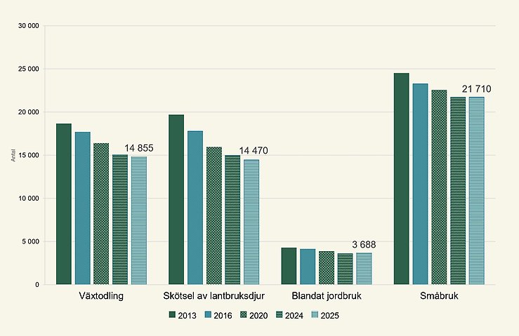 Figur innehållande antal jordbruksföretag efter huvudsaklig driftsinriktning för åren 2013–2025